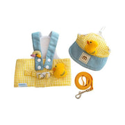 Yellow gingham spring and summer pet outfit with harness, leash, and hat featuring a rubber duck design for cats and small dogs